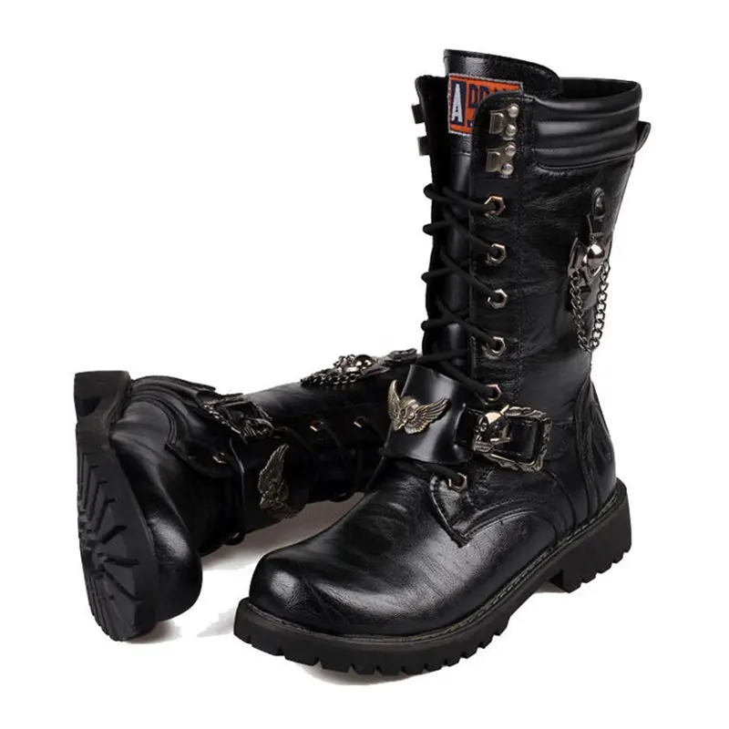 ZERO MORE Brand Army Boots Men Chain Military Mens Boots Skull Metal Buckle Lace Up Male Motorcycle Punk Boots Men's Shoes Rock