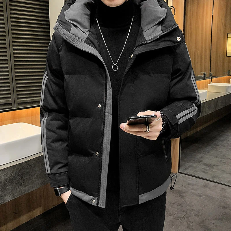 Coat Winter Men Casual Thick Hooded Down Jacket College Style Striped Long Sleeve Down Jacket Black/Green Warm Parkas Plus Size