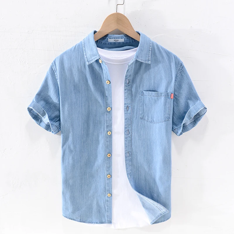 Designer new brand denim cotton shirt men fashion short-sleeved blue shirts for men casual comfortable shirt mens chemise camisa