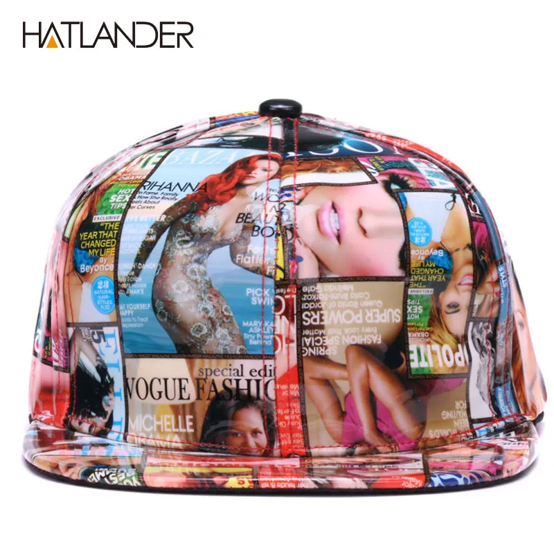 HATLANDER Fashion leather baseball caps for women full printing snapback caps cool hip hop cap hat men adjustable PU sports hats