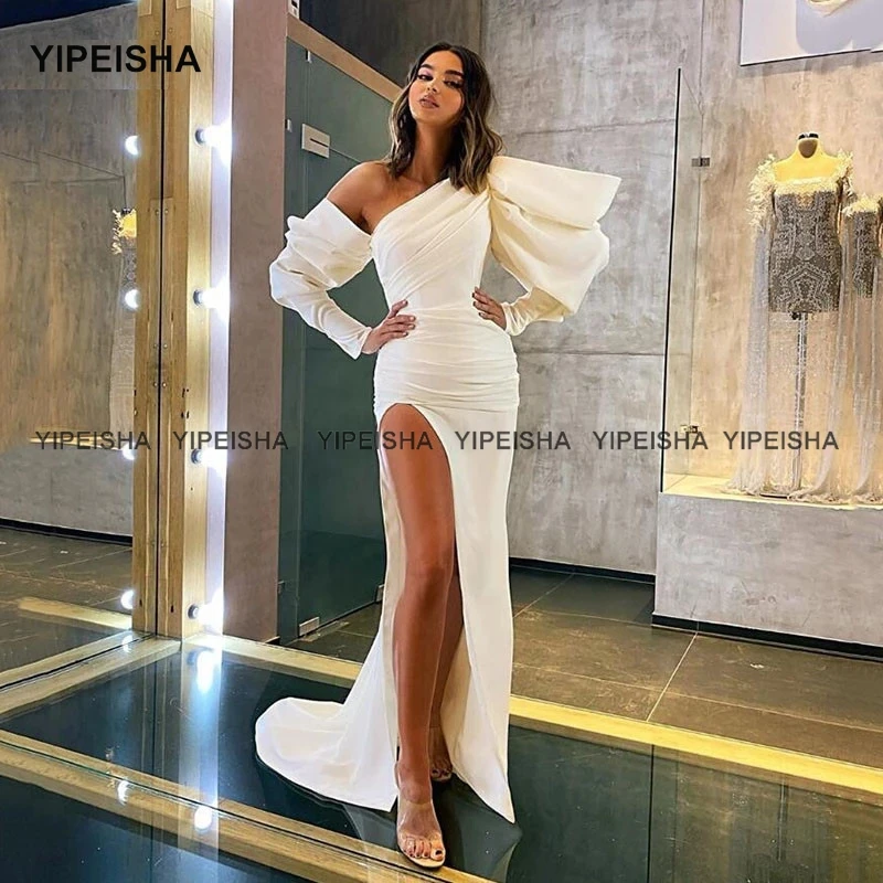 

Yipeisha Asymmetric Mermaid Evening Dresses with Sleeves Side Split Prom Gowns Ivory Party Wear Custom Made