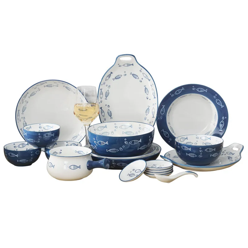 Creative Fish Pattern Ceramic Dinner Plate Blue White Dishes Household Plates and Bowls High Quality Tableware Platos De Cena