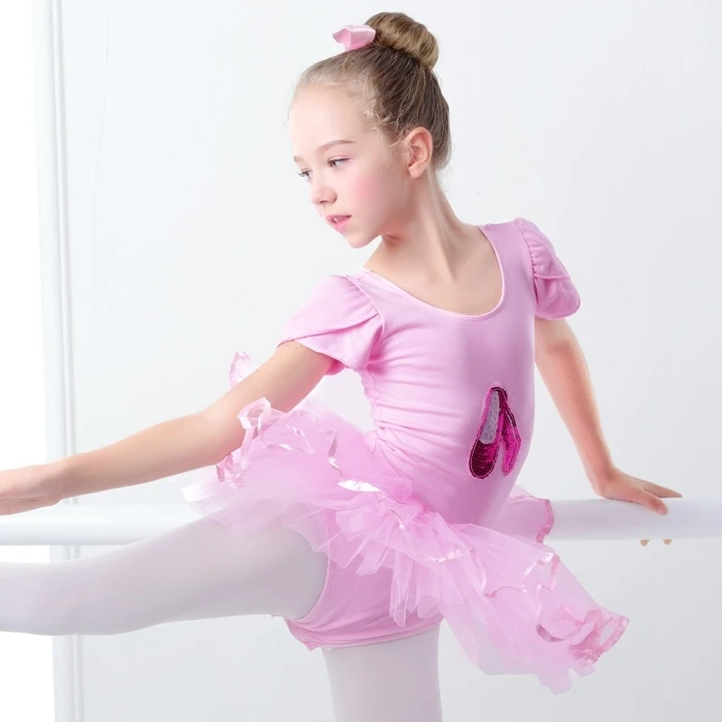 Vestido de balé infantil feminino, rosa, tutu, lantejoulas, roupa de dança, manga curta, princesa, vestido inchado, roupa de dança