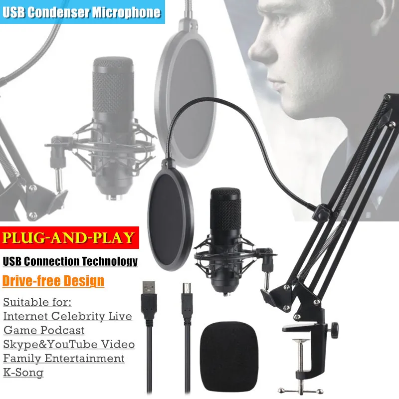 Metal USB Condenser Recording Microphone For Laptop Windows Cardioid Studio Recording Vocals Voice Over,YouTube Webcast Karaoke