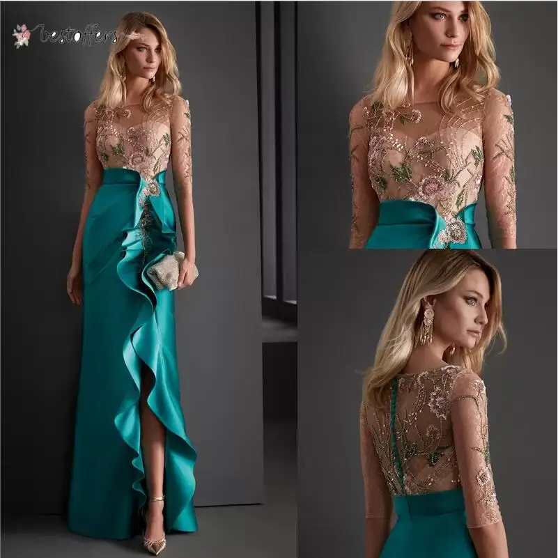 Elegant อย่างเป็นทางการ Mermaid ชุดราตรีปกครึ่งแขนด้านข้าง Slits ผู้หญิงชุดพรหมค็อกเทล Dress Robes De Soirée