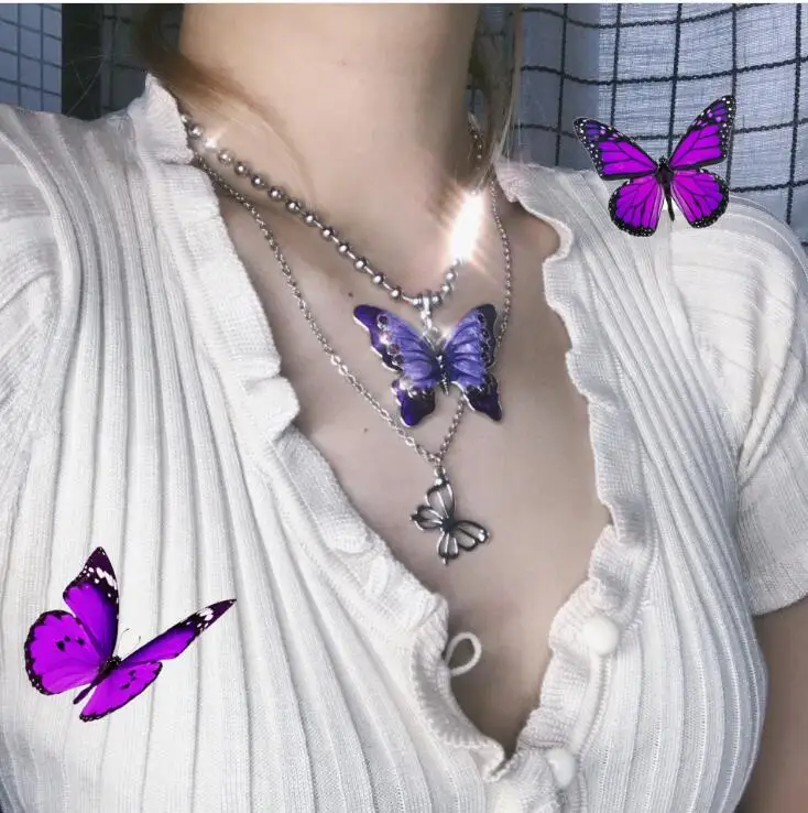 2020 harajuku Color Change Butterfly Pendant Necklace aesthetic Chain Necklaces for Women igirl crystal chains hip hop Gift jewe