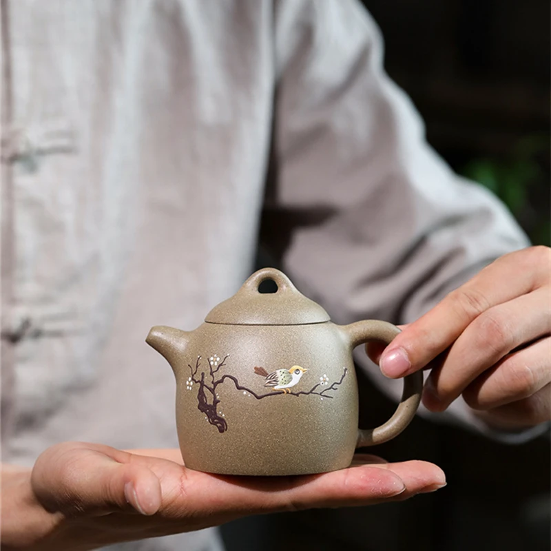 

handmade tea pot on sales bird on branch relief real yixing zisha douqing clay marked true purple grit kungfu pot made in China