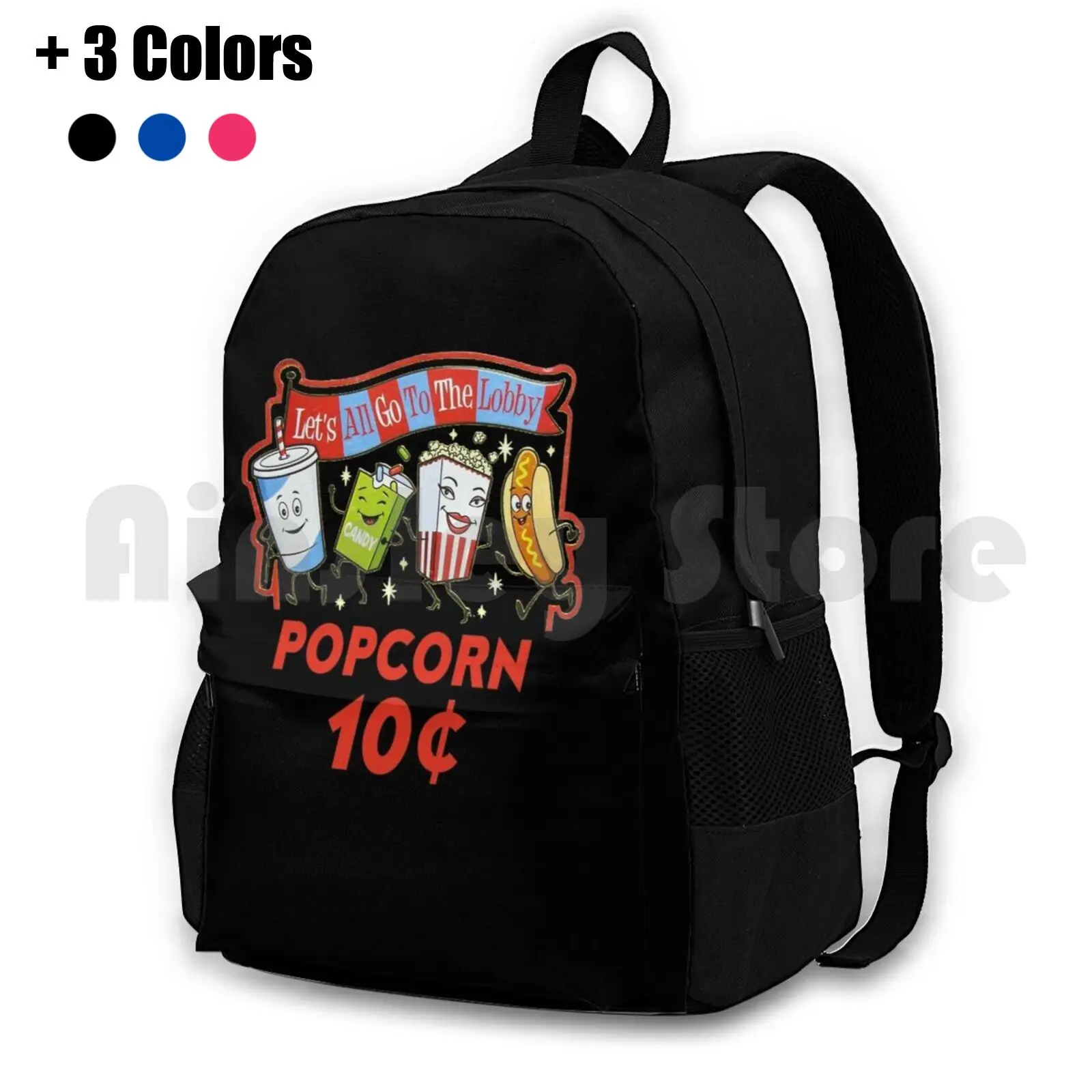 Let's All Go To The Lobby Popcorn 10 Cents White Retro Vintage Food Movie Theatre Outdoor Hiking Backpack Waterproof Camping