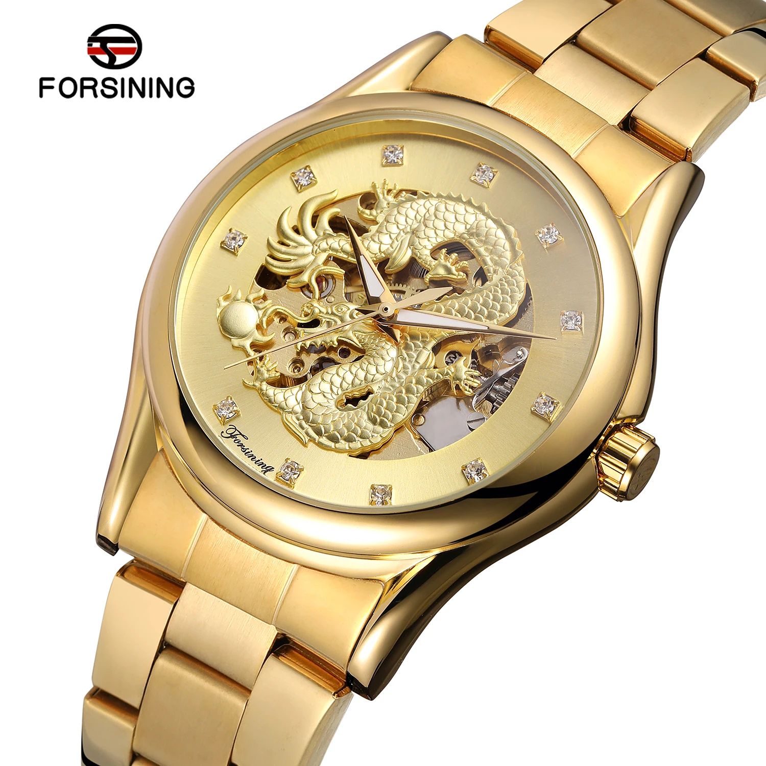 FORSINING Gold mechanical Watch Hollow crystal scale dragon mechanical watch Steel strap Wrist watch Circular watch