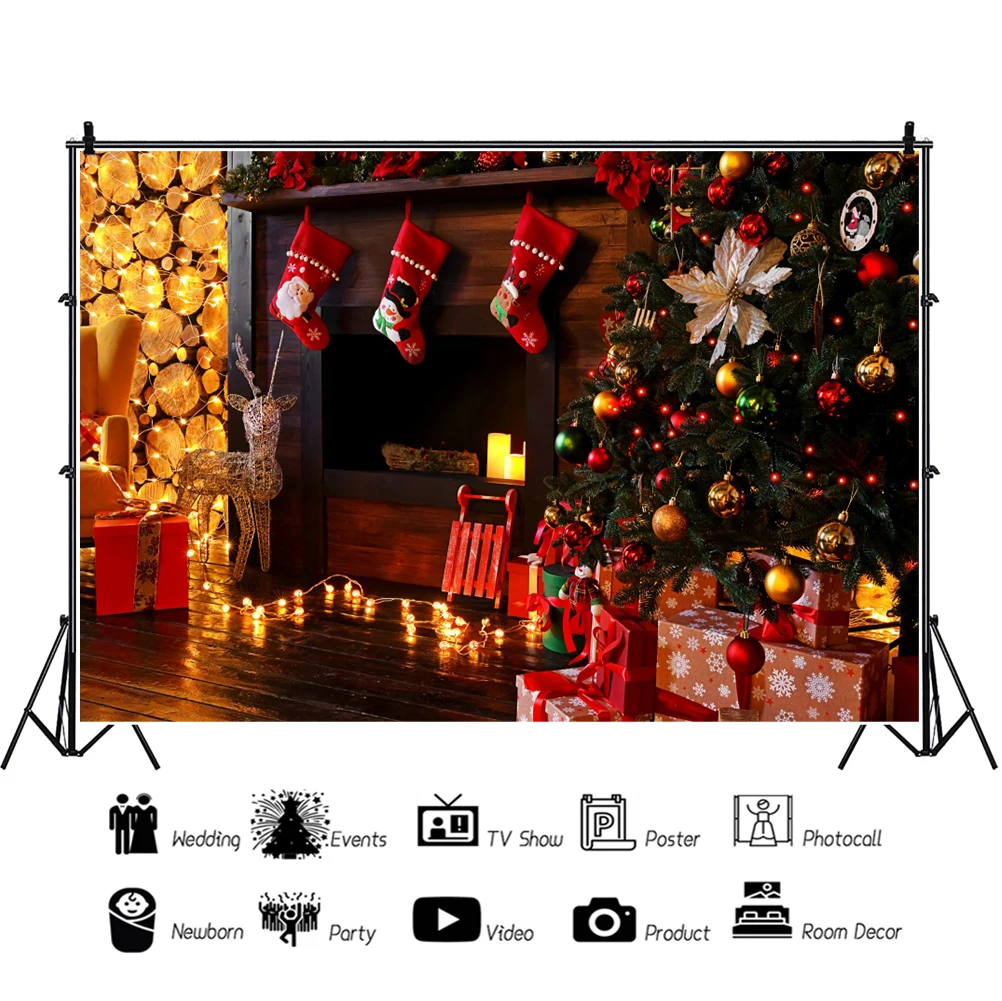 Laeacco Indoor Fireplace Wood Christmas Tree Gifts Socks Baby Birthday Backdrop Photographic Photo Background For Photo Studio