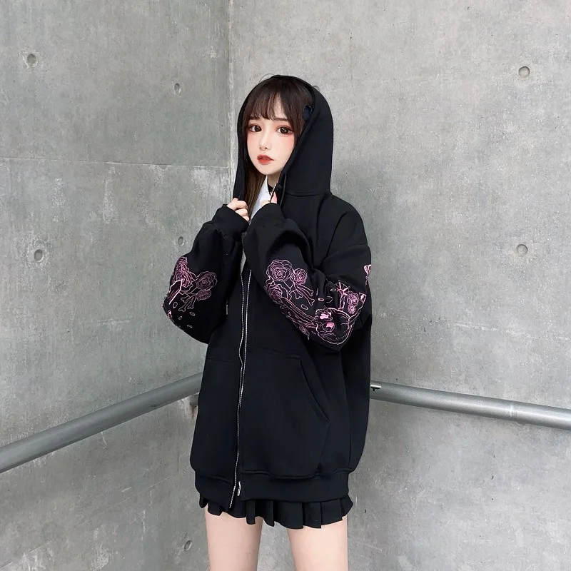 Punk Women\'s Zip-Up Hoodie Gothic Grunge Graphic Embroidery Japanese Preppy Style Long Sleeve y2k Harajuku Oversized Outerweaer