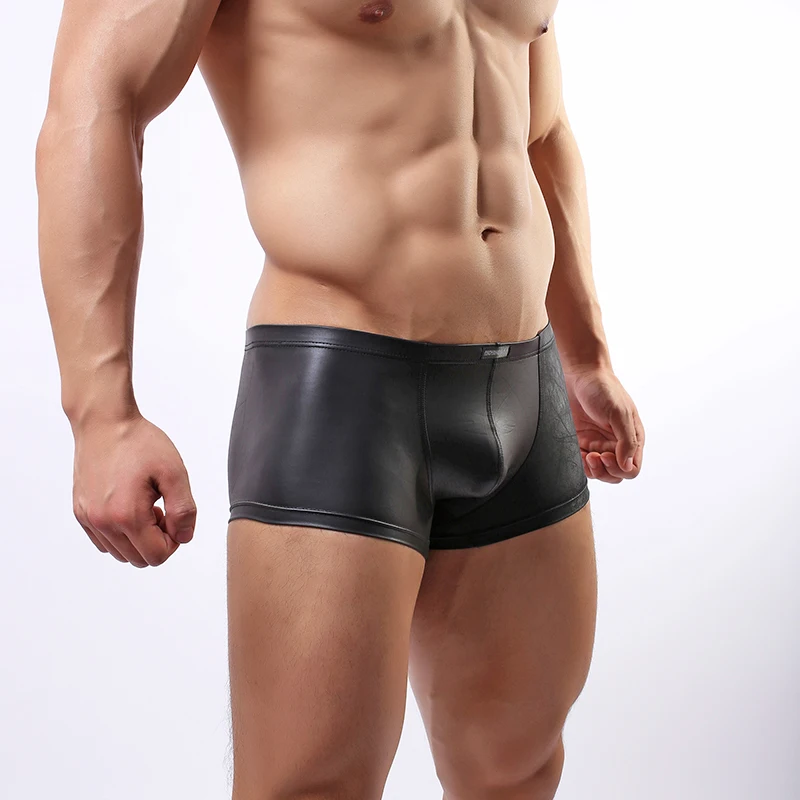 Calzoncillos bóxer de piel sintética para hombre, ropa interior Sexy de cintura media, sin costuras, color negro, gran bulto, gran oferta, Verano