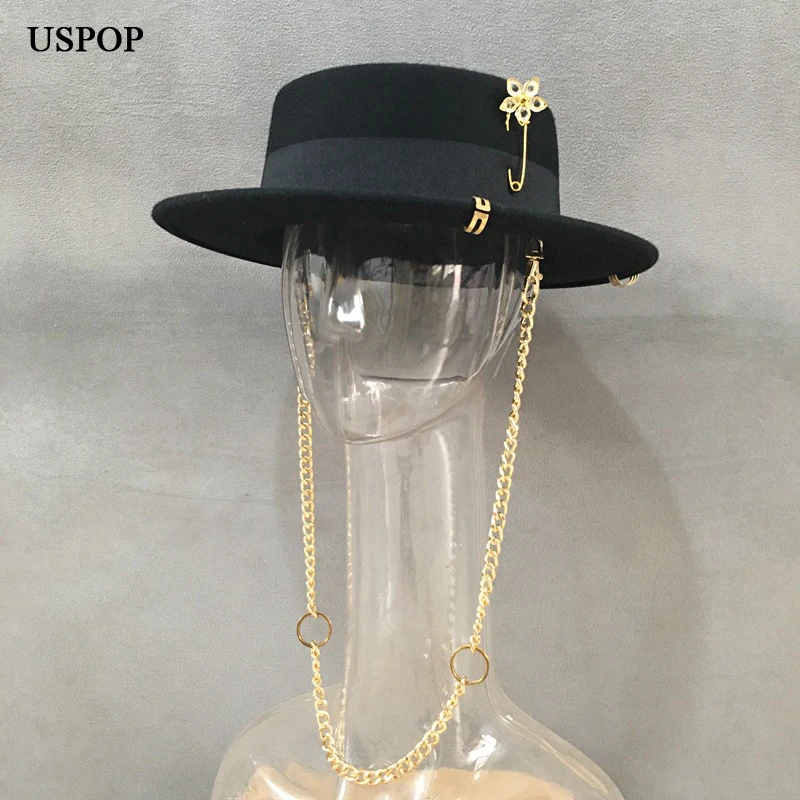 

USPOP New Women Fedoras Winter Wool Hats Fashion Black Fedoras with Metal Chain