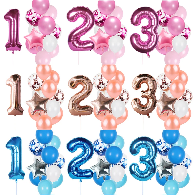 Juego de globos de látex para niños, Set de 12 unids/set de decoración para fiestas de cumpleaños de 1 año, de color rosa, azul, rosa y dorado