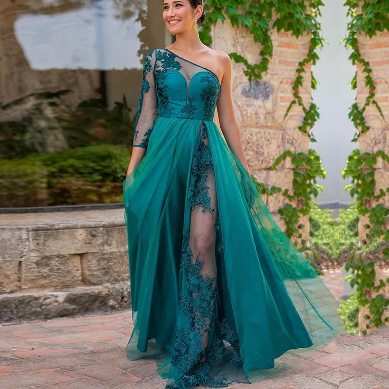 Turquoise Avondjurken 2020 Een Schouder Illusion Lange Mouwen Hoge Split Elegante Vrouwen Formele Party Avondjurken Prom Dresses