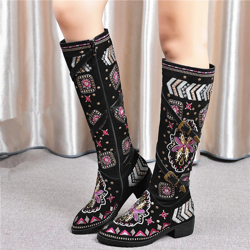 Big Size 34-46 New 2022 Winter genuine Cow leather boots women western bohemia women\'s boots embroidery knee high boots female