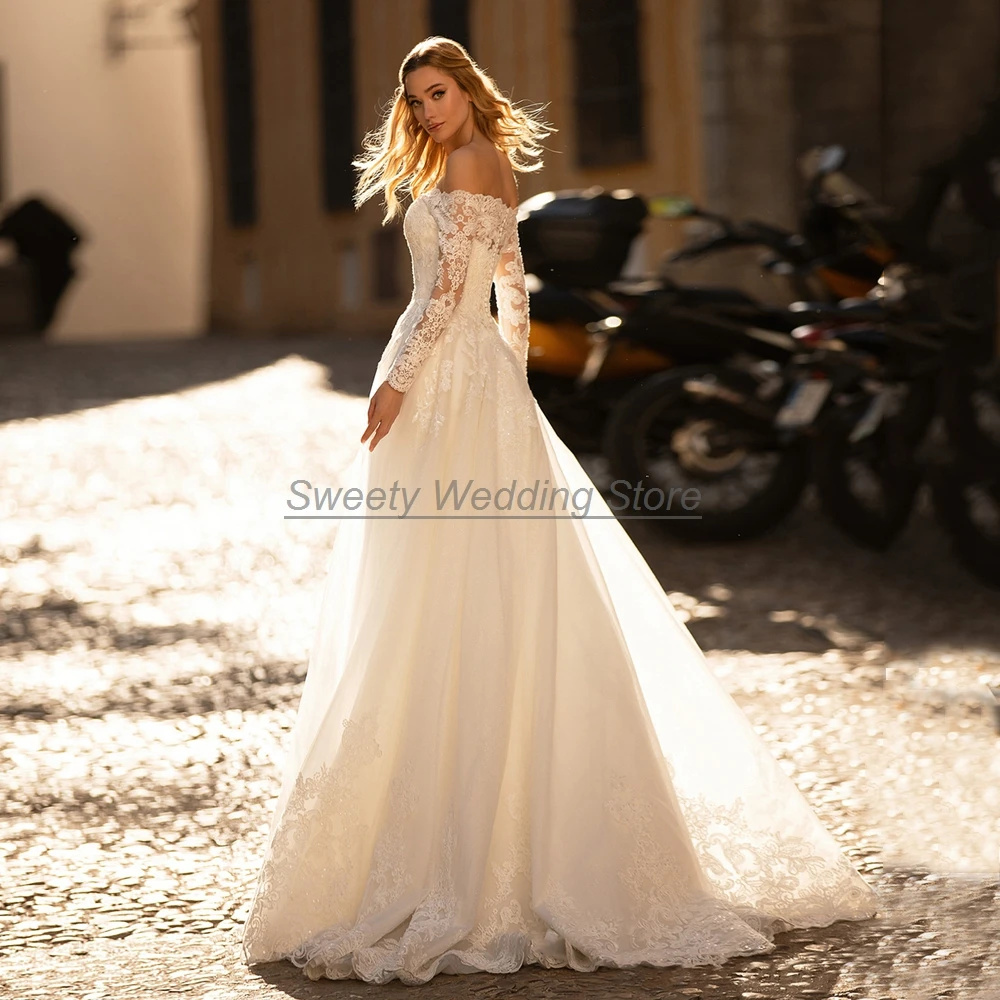 Prinzessin Hochzeit Kleid Brautkleider Nach Langen Ärmeln Boot-ausschnitt Pailletten Appliques EINE Linie Sweep Zug Braut Robe De Mariee