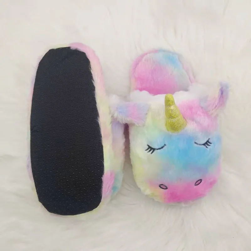 Women Cartoon Unicorn Winter Home Slippers Cute Plush Fluffy House Slides Girls Furry Flip Flop Fur Slides Cotton Indoor Shoes