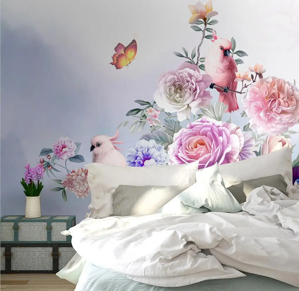 beibehang custom Retro rose flower parrot  Mural Wallpaper Photo Wall Painting Living Room Bathroom Wall Sticker TV background