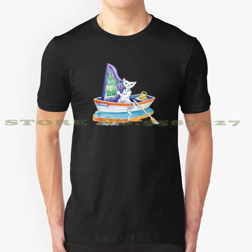 Miss Kitty Cat Plays Harp On A Lake 100% Cotton T-Shirt Cat Pop Surrealism Feline Lake Mountains Snow Row Boat Tinny Picnic