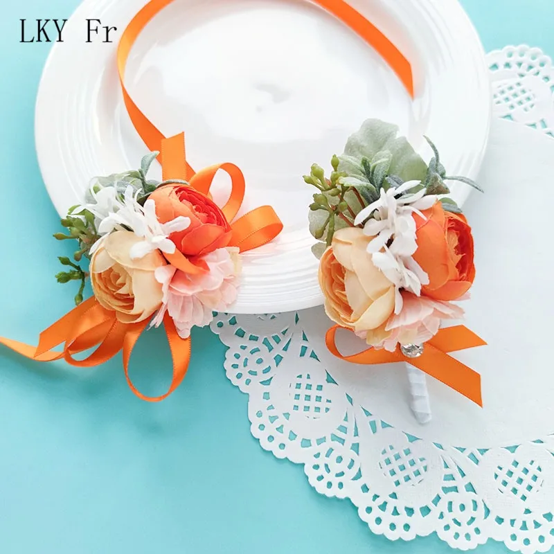 LKY Fr Boutonniere Chú Rể Cưới Chân Xòe Vòng Tay Phù Dâu Cam Vàng Hoa Hồng Lụa Thổ Cẩm Hoa Hôn Nhân Phụ Kiện