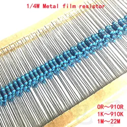 100pcs 1/4W 0R-22M 1% Metal Film Resistor 0.25W 0 2.2 10 100 120 150 220 270 330 470 1K 2.2K 4.7K 10K 100K 470K 1M 10M 20M Ohms