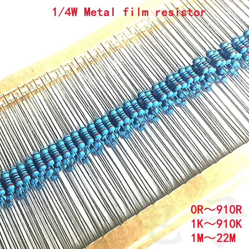 100 sztuk 1/4W 0R-22M 1% metalu rezystor z folii 0.25W 0 2.2 10 100 120 150 220 270 330 470 1K 2.2K 4.7K 10K 100K 470K 1M 10M 20M omów