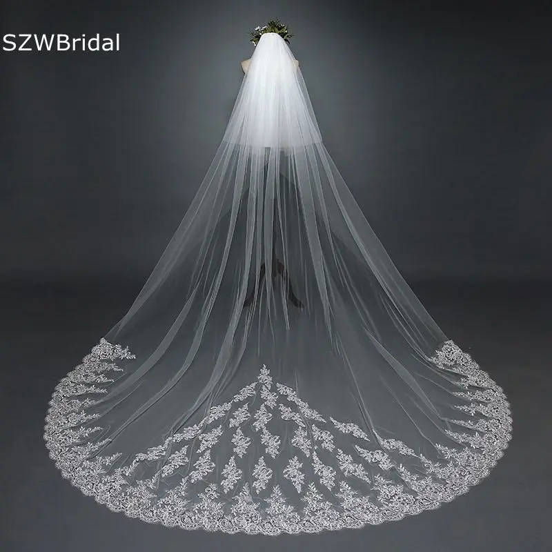 

New Arrival Two Layer Bridal Veil Ivory Lace Applique Wedding Veils Urne mariage Welon slubny Cheap bridal headwear