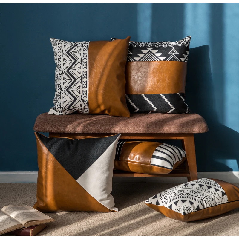 Medicci Home Cognac Leather Cushion Cover High End Itay Import Faux Leather Thick Brown Boho Modern Solid Pillow Case Bed Sofa