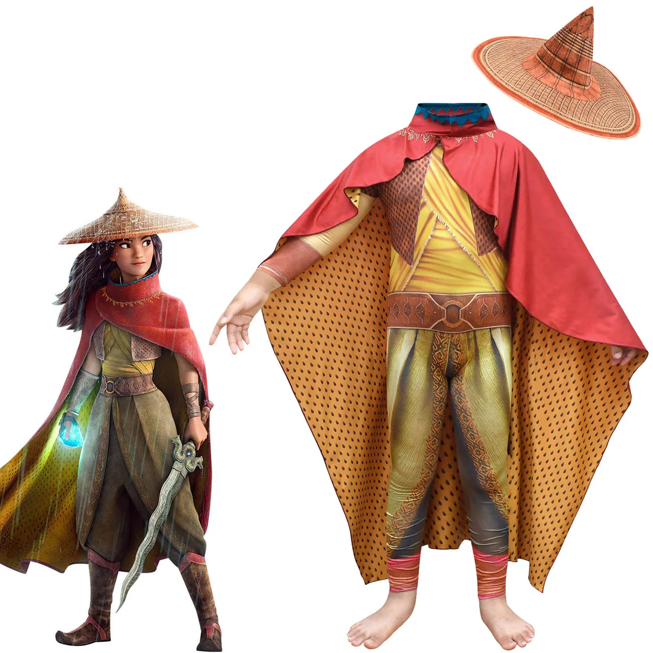 Girls Halloween Costume Cosplay Legend Movie Raya and The Last Dragon Kids Carnival Jumpsuit Cloak Hat Children Raya Outfit