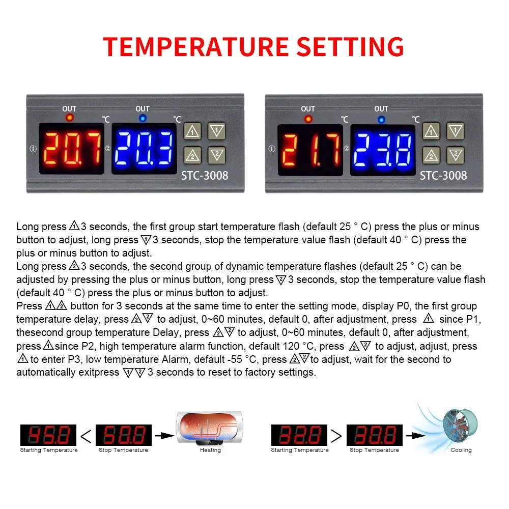 Dual-Digital-Display Thermostat Temperatur Regler Temperatur Controller Doppel NTC Sonde Heizung Sensor Zwei Relais Ausgang 24V