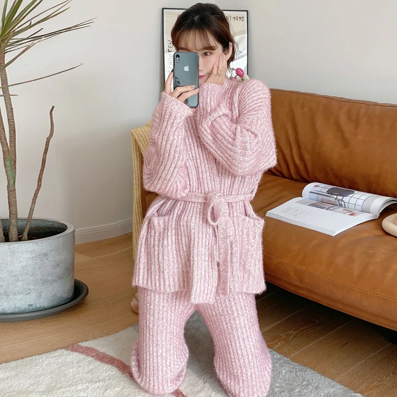 

Winter Flannel Pajamas For Women Sleepwear Set Cardigan Pijamas Feather Yarn Night Wear Lady Home Clothes Thick Warm Pyjama Suit