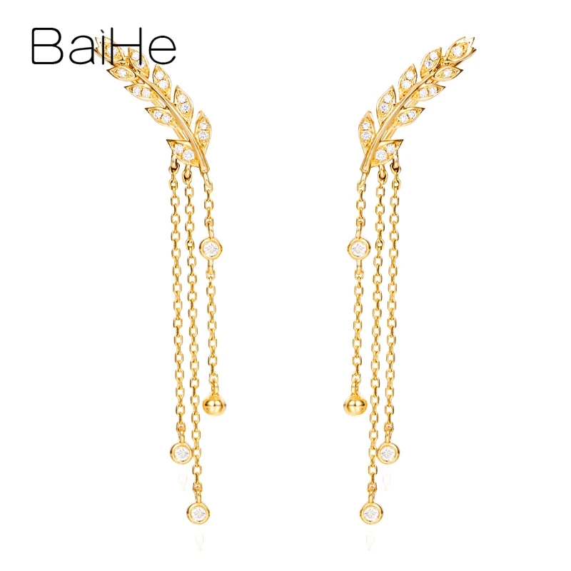 

BAIHE Solid 18K Yellow Gold H/SI Natural Diamond Feather Tassel Stud Earrings Women Engagement Trendy Fine Jewelry Náušnice