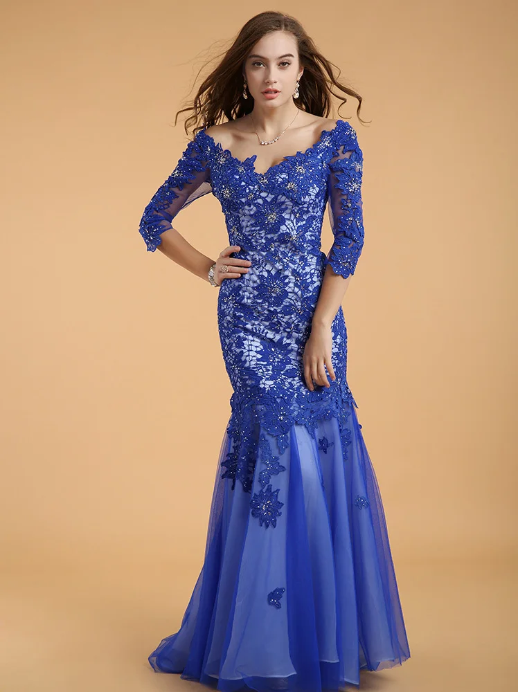 Robe de soiree neue mode backless Günstige blau ärmeln spitze vestido de festa frauen lange elegante mutter der braut kleider