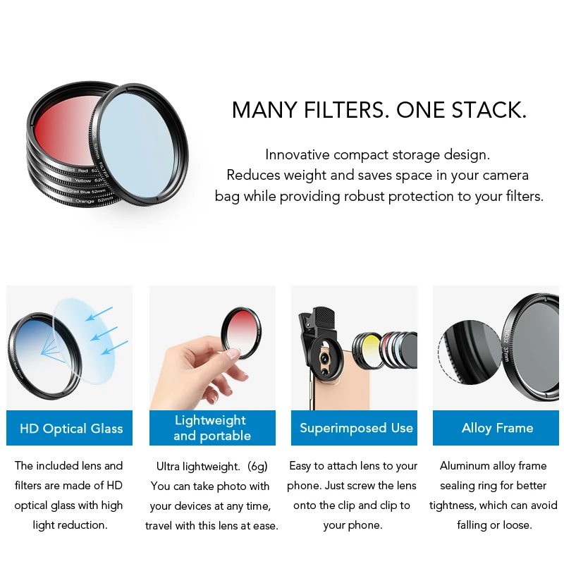 APEXEL 7in1 Full Color Filter Kit Full Blue Red CPL ND Star UV 37/52MM Filter Phone Lenses Camera Lens for Sony Cannon for Nikon