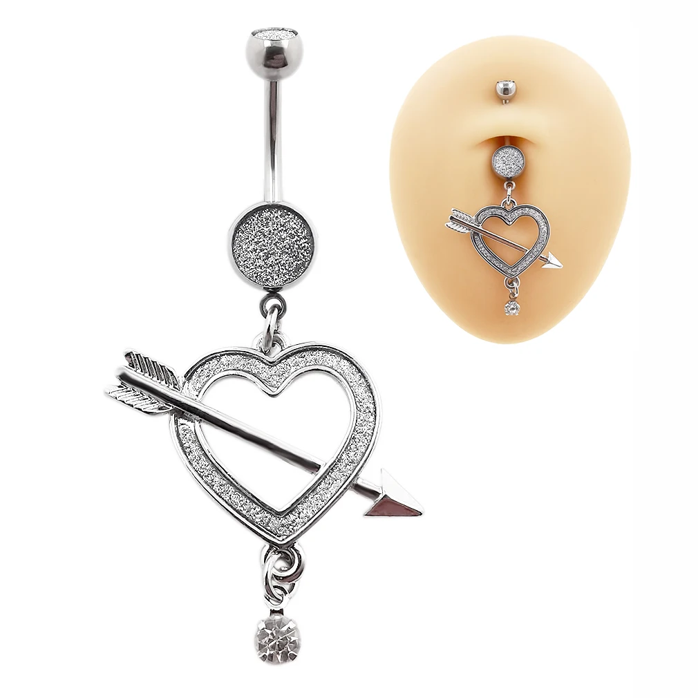 JHJT 14G Belly Button Rings 316L Surgical Steel Dangle Arrow Through Heart Cubic Zirconia Navel Piercing Nombril Jewelry