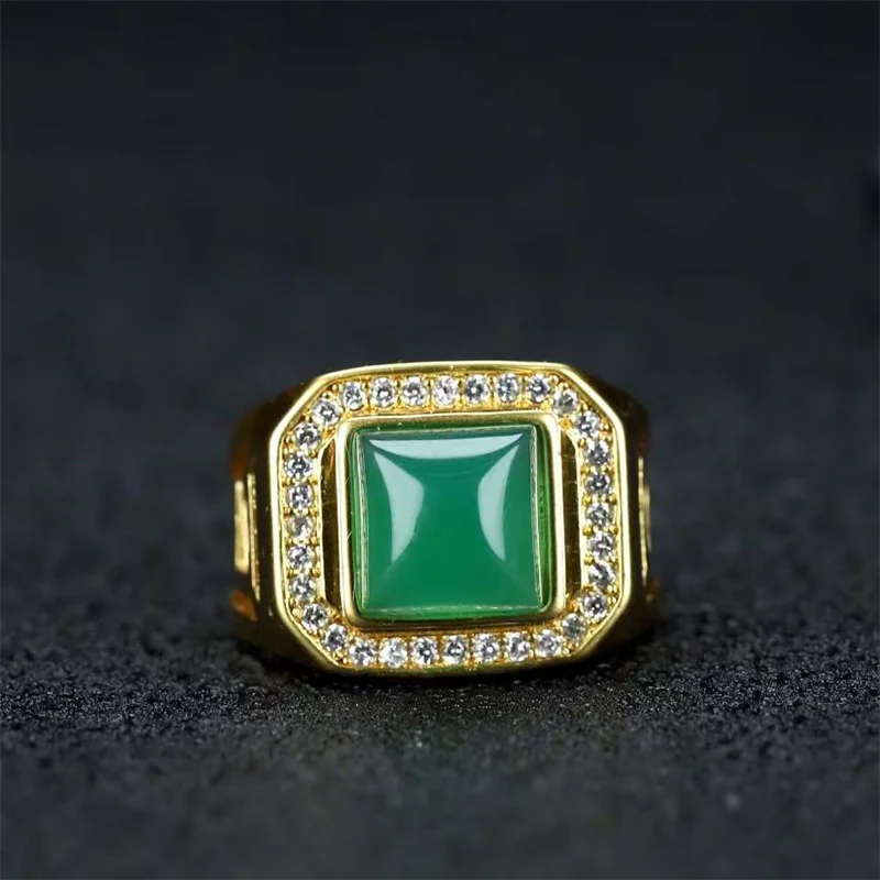 Hot Selling Natural Hand-carved Refined Copper Plating 24k Inlaid Jade Square Ring Fashion Jewelry Men Women Luck Gifts