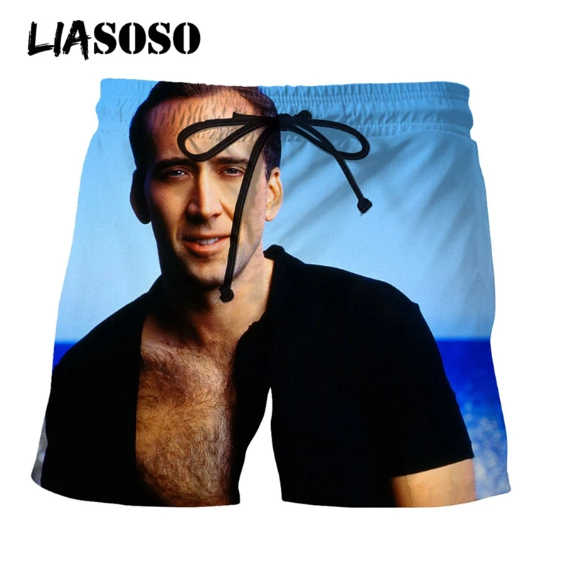 LIASOSO 3D Print Unisex Movie Star Nicolas Cage Men\'s Shorts Beach Casual Boardshorts Joggers Trousers Loose Sport Funny Pants