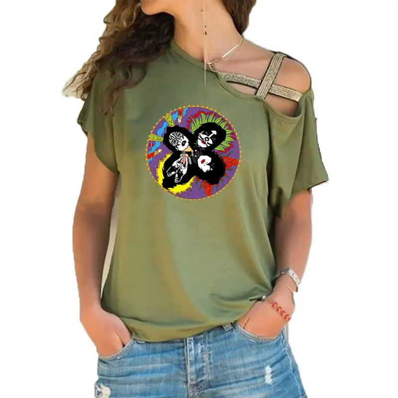 Kiss T Shirt Women Short Sleeve Vintage 1980 Rare Rock Band Concert tee 80\'s Girls T-shirt Irregular Skew Cross Bandage Tee Tops