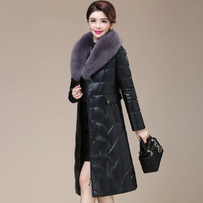 

Genuine Leather Jacket Fox Fur Collar Long Down Jackets Winter Jacket Women Real Sheepskin Coat Chaqueta Mujer MY3935