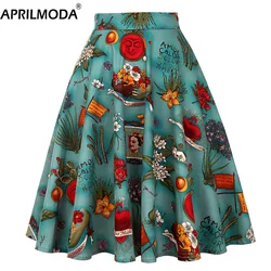 여성 A 라인 스윙 미디 스커트 런웨이 빈티지 블랙 Sundress 핀업 40s 50s 60s 코튼 하이 웨이스트 스쿨 데일리 로커 빌 리 스케이터