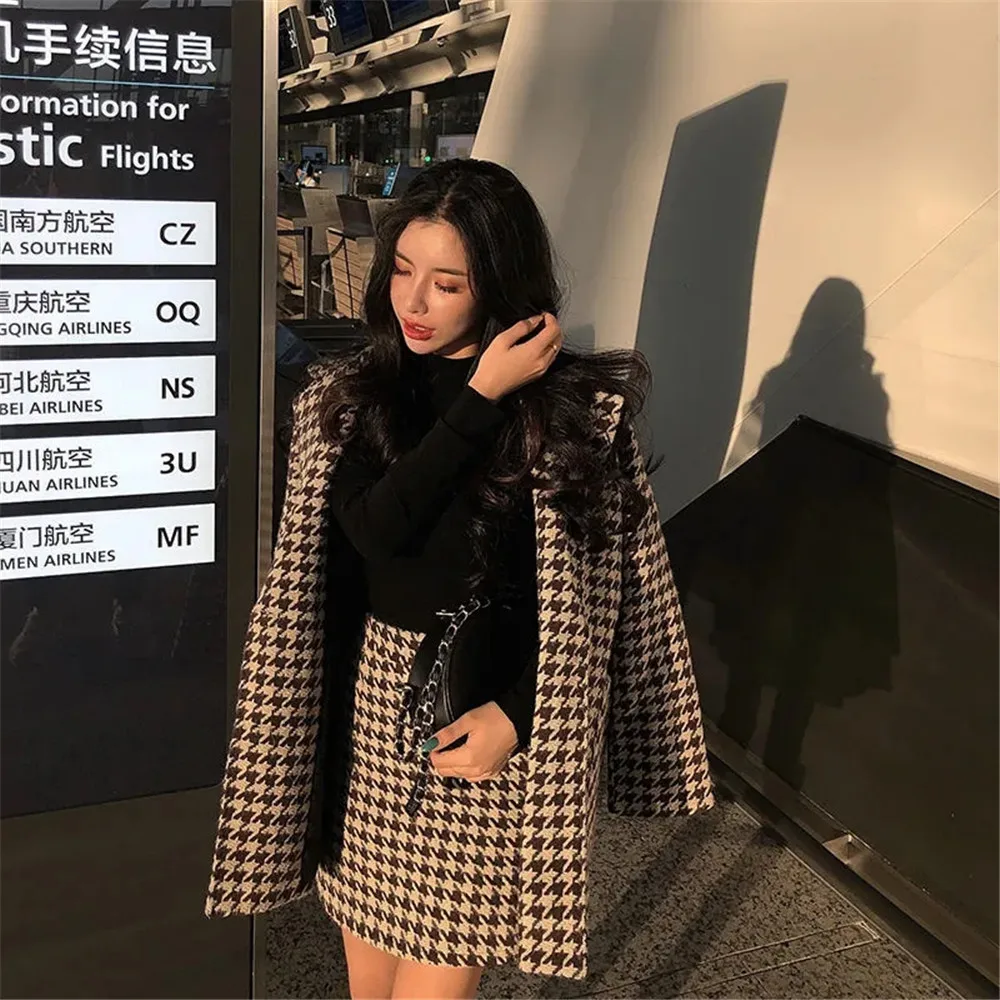 Vintage Plaid Print Woolen Jacket Women Korean Harajuku High Waist A-line Hip Skirts Streetwear Coat Two-Piece Sets Suits Female