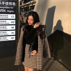 Vintage Plaid Print Woolen Jacket Women Korean Harajuku High Waist A-line Hip Skirts Streetwear Coat Two-Piece Sets Suits Female