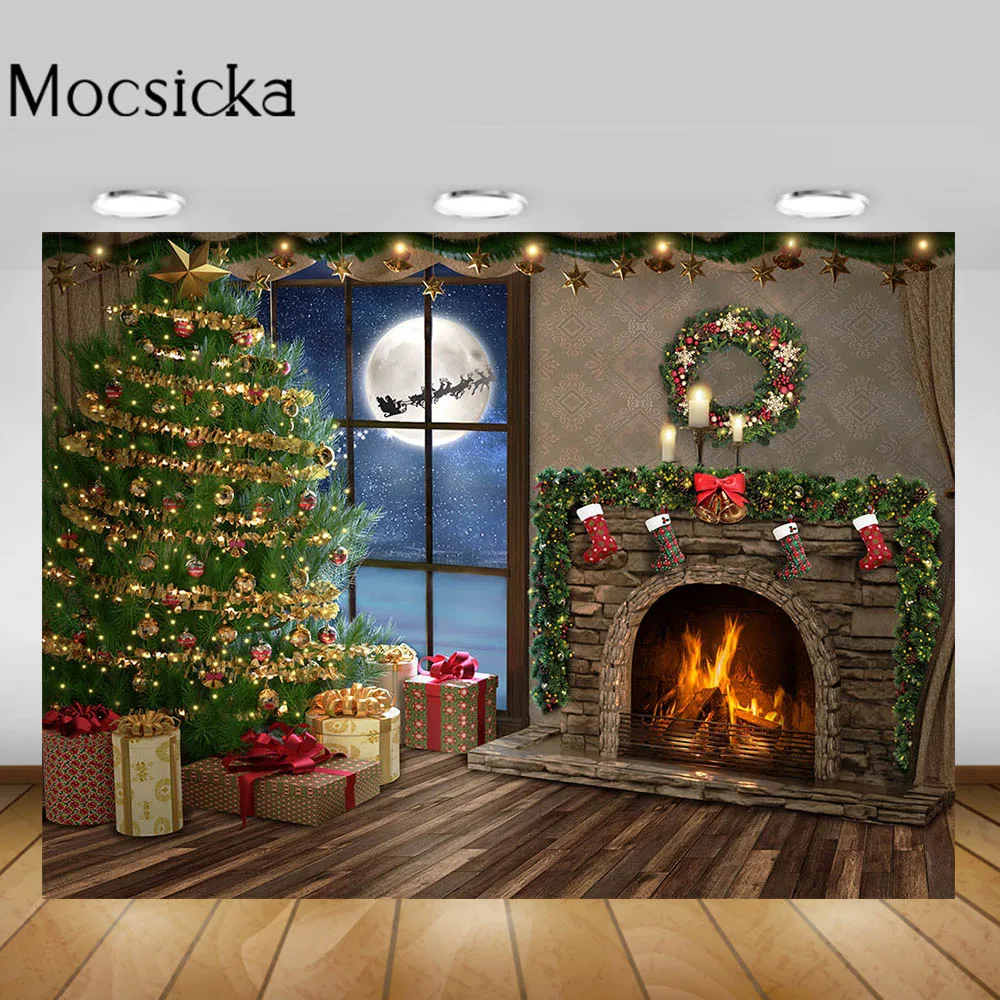 

Mocsicka Christmas Backdrop 2021 Christmas Tree Lights Gifts Wood Fireplace Moon Baby Portrait Photography Background Photocall