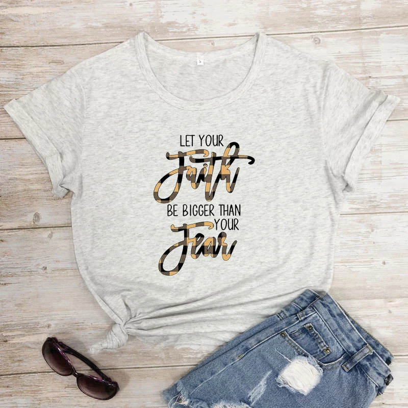 Let Your Faith Be Bigger Than Your Fear Plaid Colored T-shirt Religious Women Short Sleeve Christian Bible Verse Top Tee Shirt