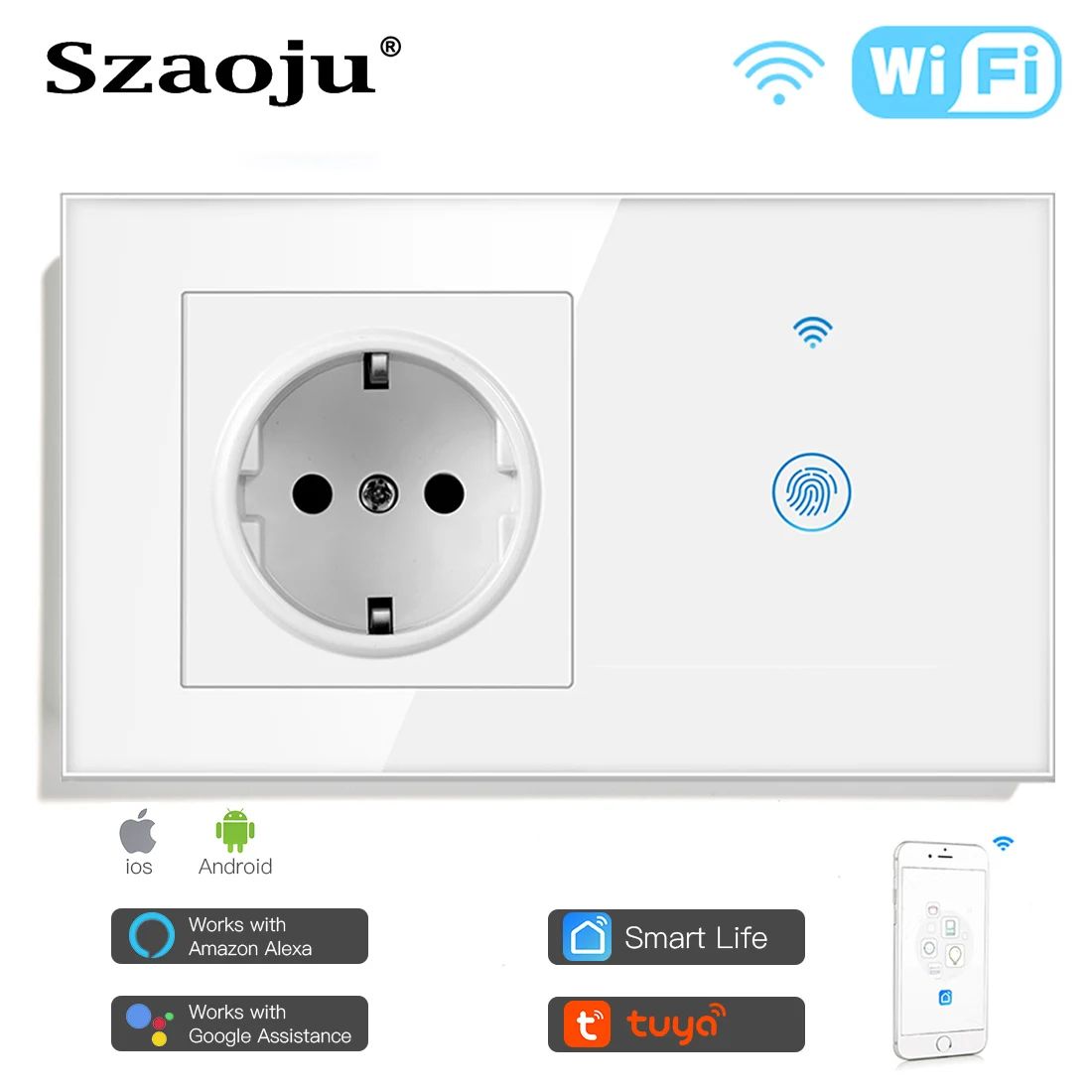 szaoju tuya wi fi inteligente interruptor de toque gang toque interruptor luz com tomada parede da ue painel vidro cristal alexa google casa 01