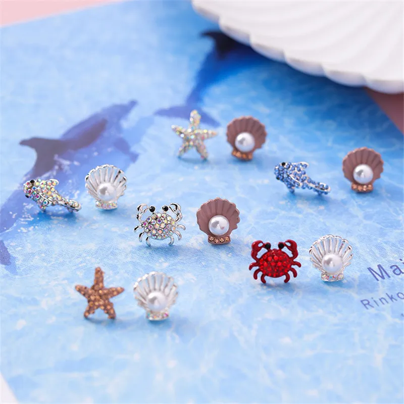 2019 Sweet Cute Rhinestone Crab Starfish Dolphin Animal Simulated Pearl Shell 925 Silver Stud Earrings for Women Girls Jewelry