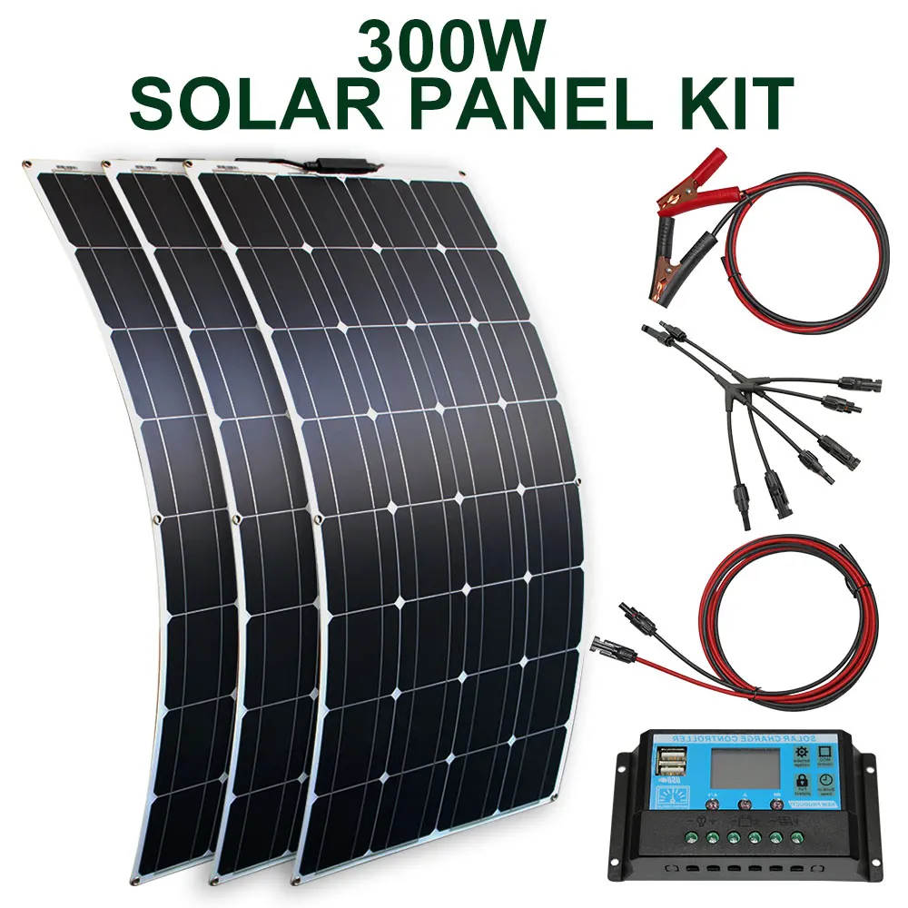 Kit de panel solar y 300w 200w 100w paneles solares flexibles 12v 24v módulo cargador de batería de alta eficiencia