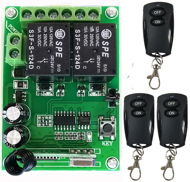 DC12V 24V 2CH 2CH Remote Control Light Switch Relay Output Radio Receiver Module and black Transmitte Garage Doors Electric Door