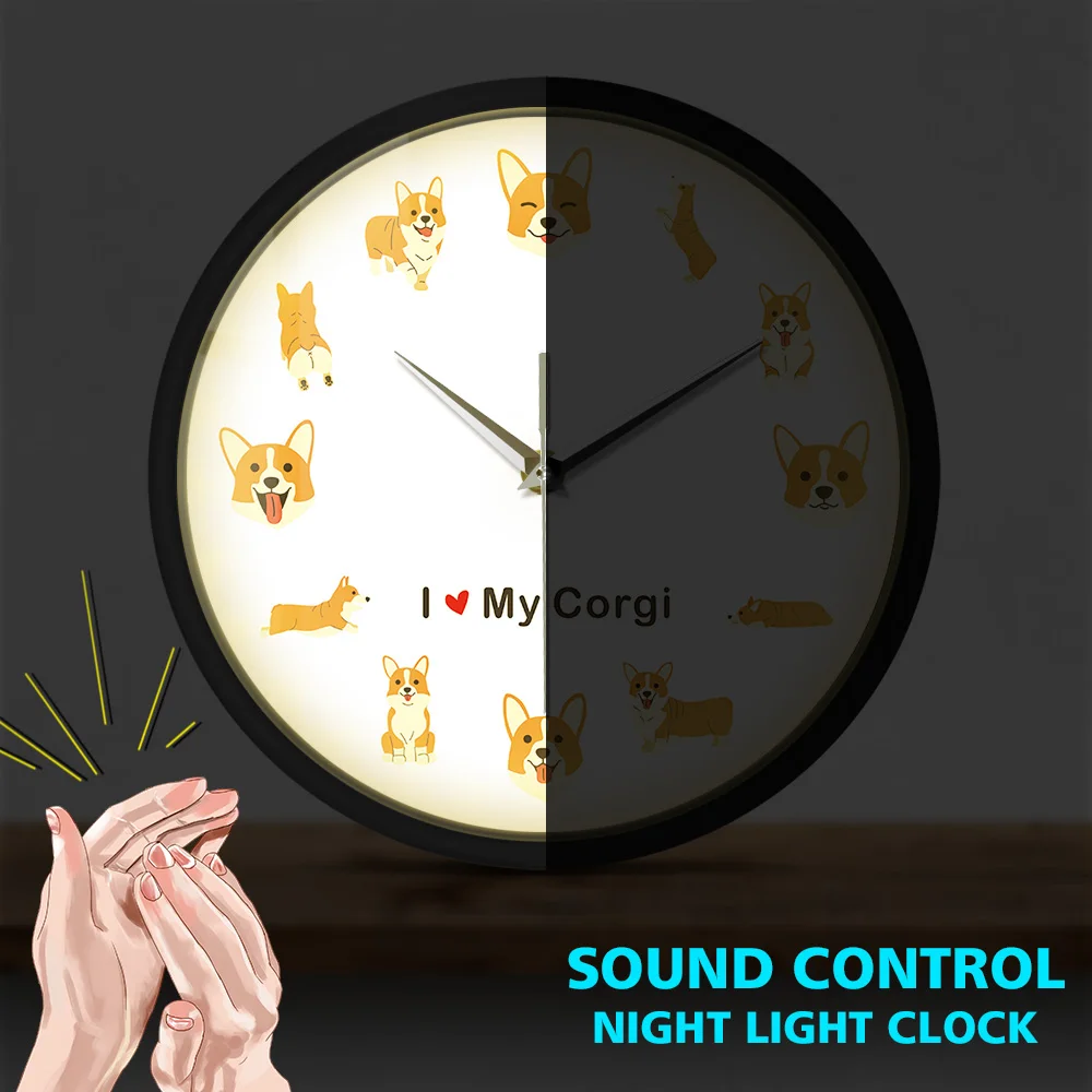 I Love My Welsh Corgi Dog Breed Modern Watch Adorable Doggie Pet Sound Activated Light Emitting Wall Clock Corgi Lovers